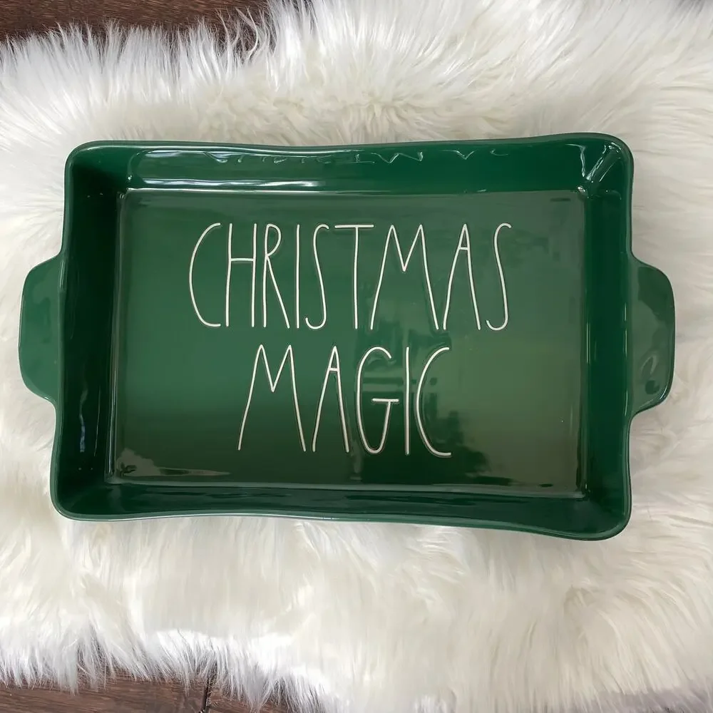 Rae Dunn Christmas Magic Lasagna Dish Green Ceramic Baking Magenta READ Chipped